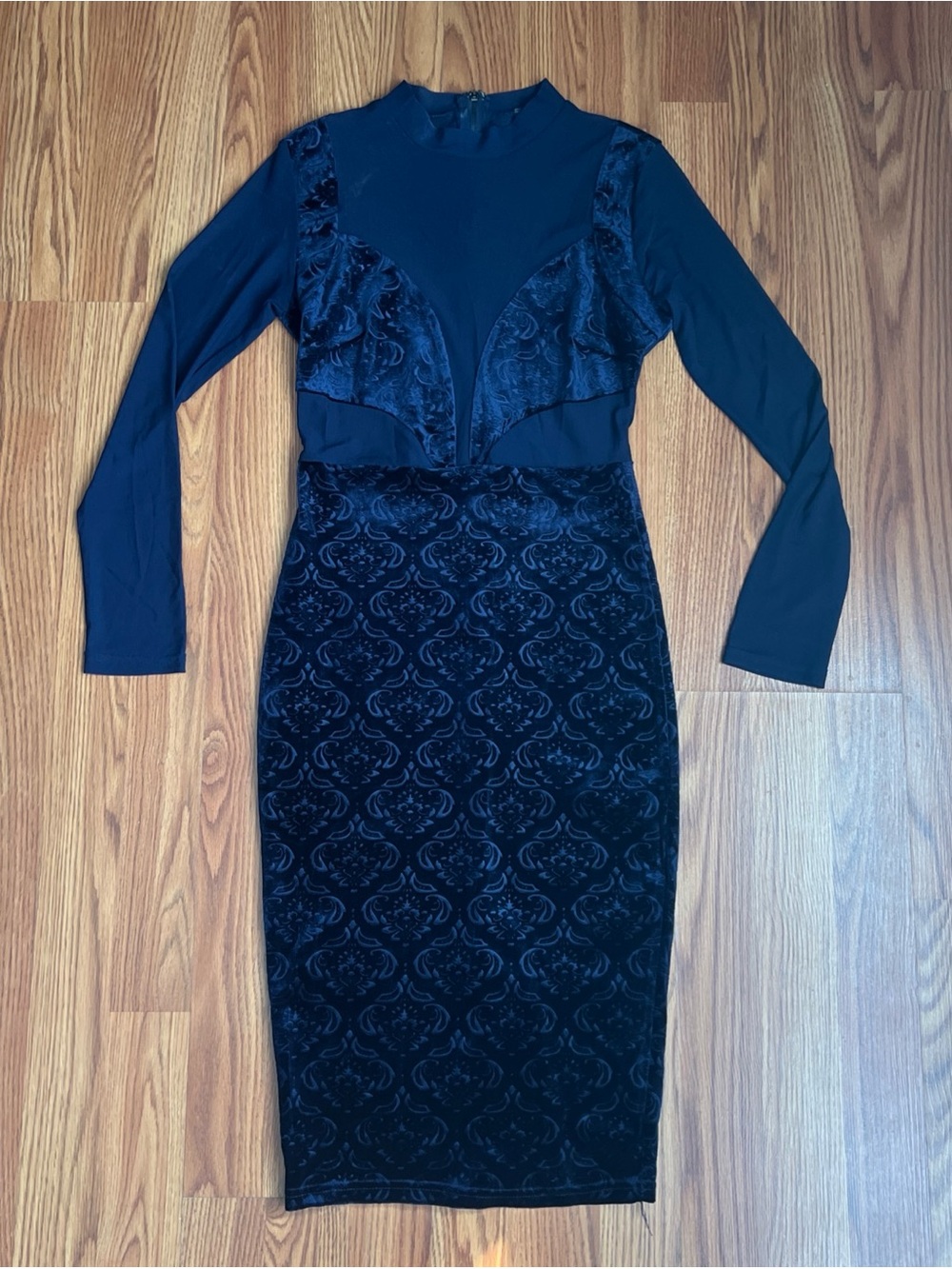 privy Navy Blue Long Sleeve Velvet-Pattern Midi Dress